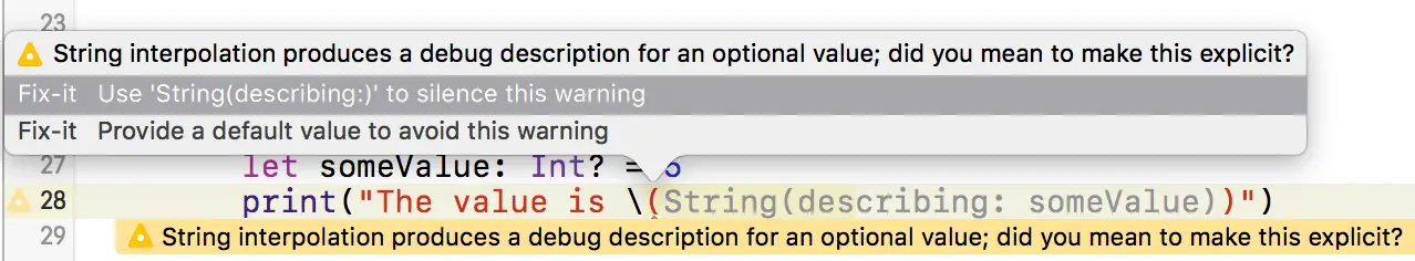 Xcode warning about using an optional value in a string interpolation segment in the latest Swift snapshot.